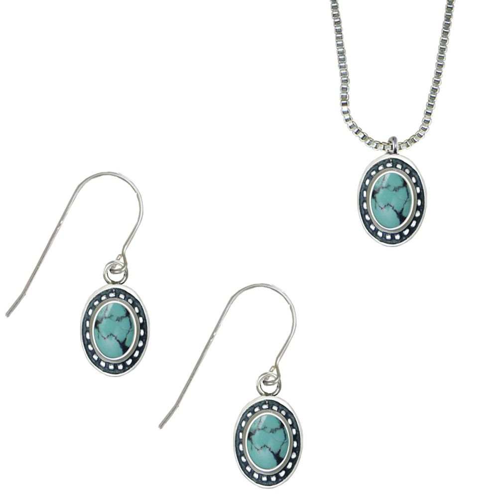 Sterling Silver Petite Necklace Earrings Set With Chinese Turquoise